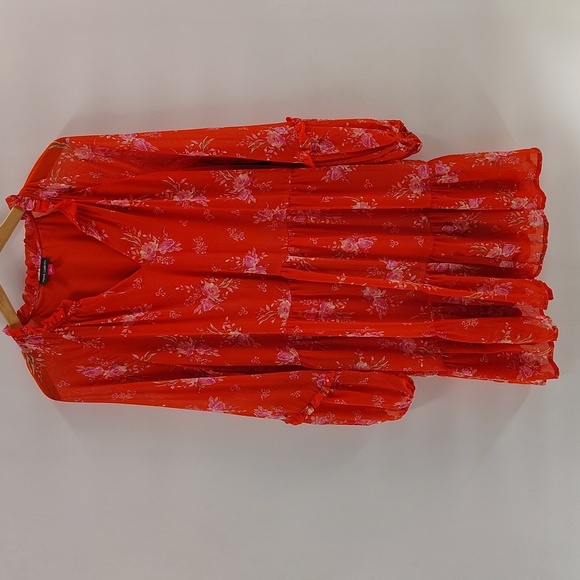 Vince Camuto Orange Floral Dress Size XL Sheer Long Sleeve Flowy V Neck Tiered - Picture 2 of 12